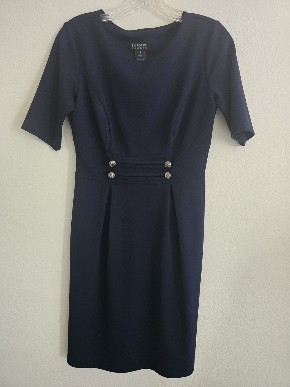 Enfocus Studio Navy Midi Sheath Dress with Metallic Buttons